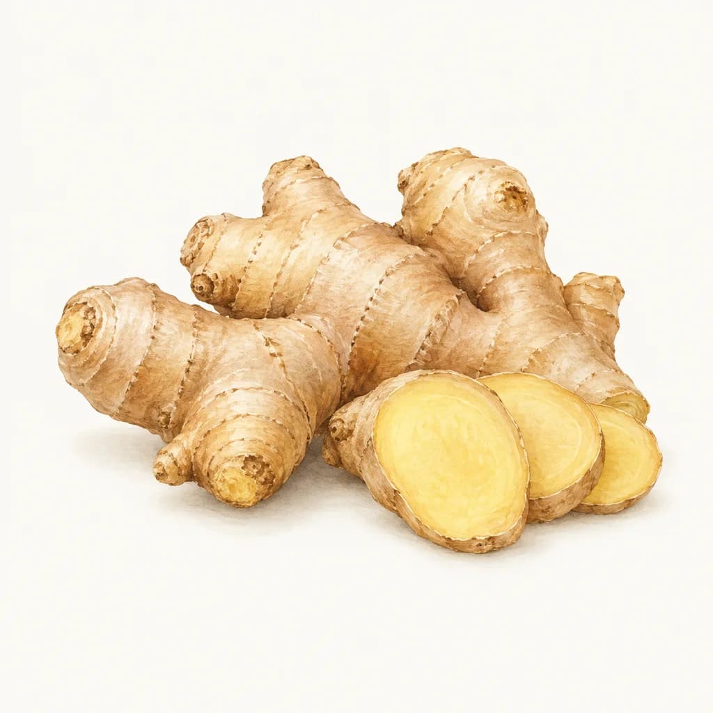 Watercolor illustration of fresh ginger root and golden ginger slices